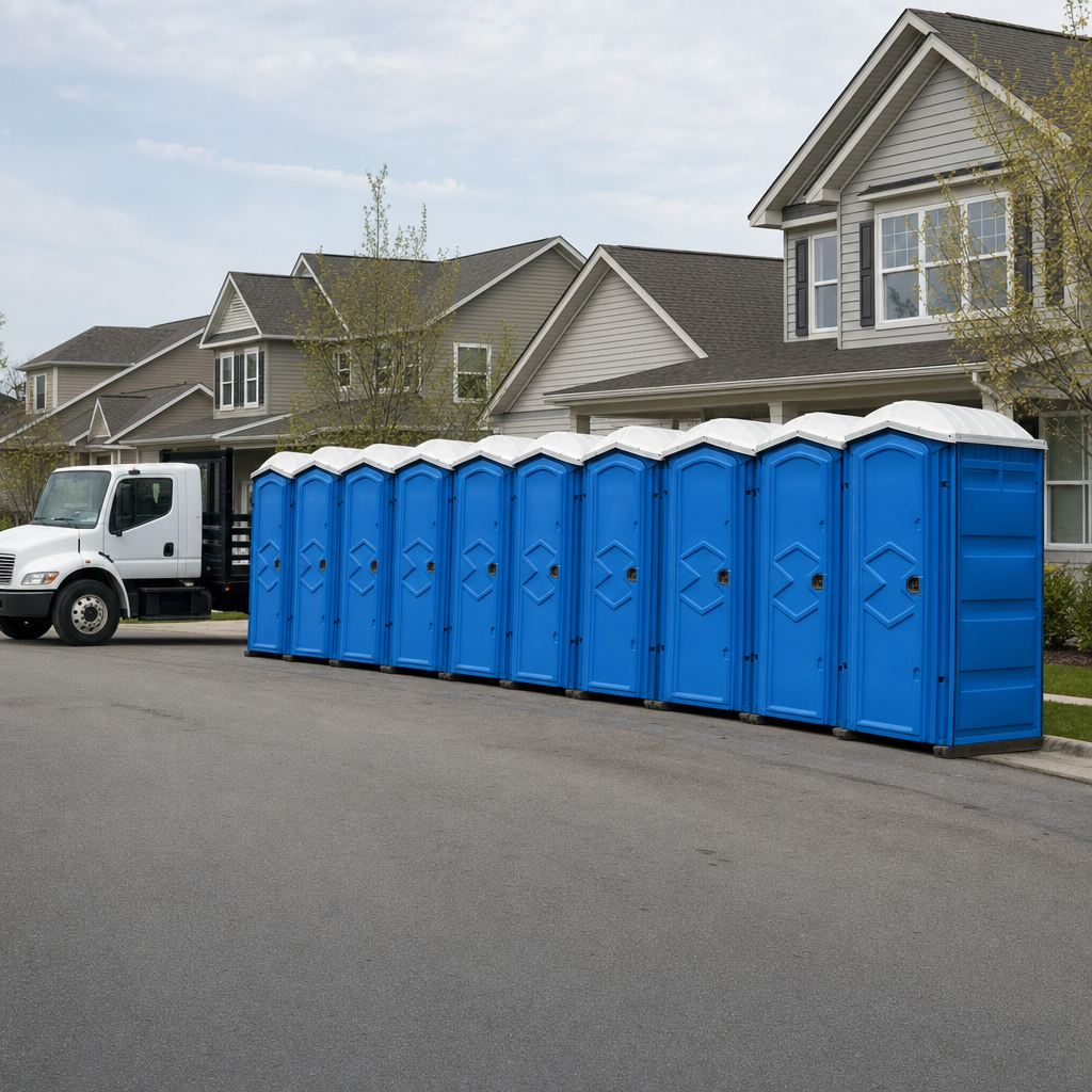 Royal blue portable toilets staged in a tidy row at a Houston jobsite, ready for delivery